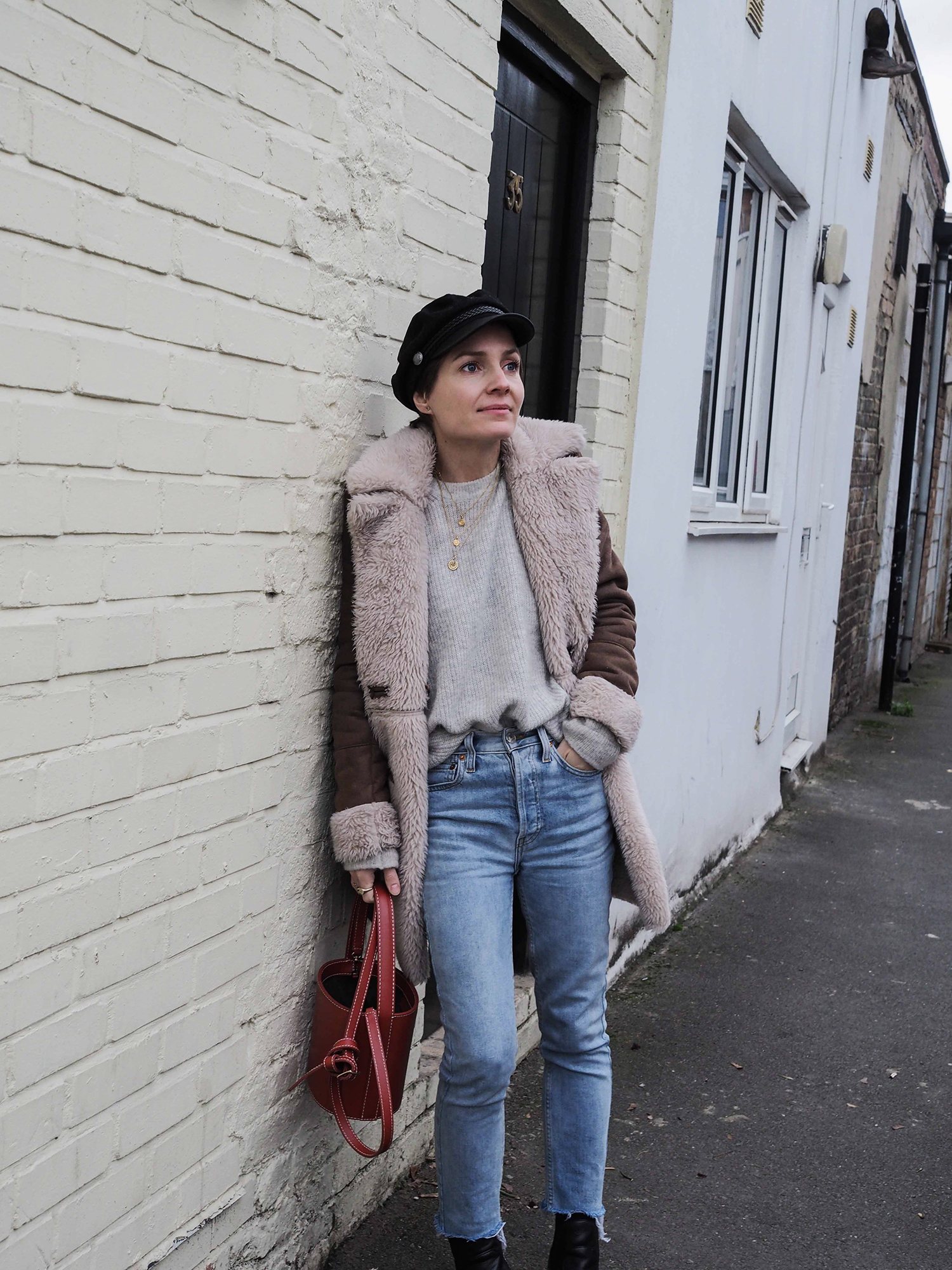 Stylonylon | Pepe Jeans coat | Re/Done Jeans | Staud Clothing bucket bag | Uterque ankle boots | Lucy Williams x Missoma | Bear Brooksbank 
